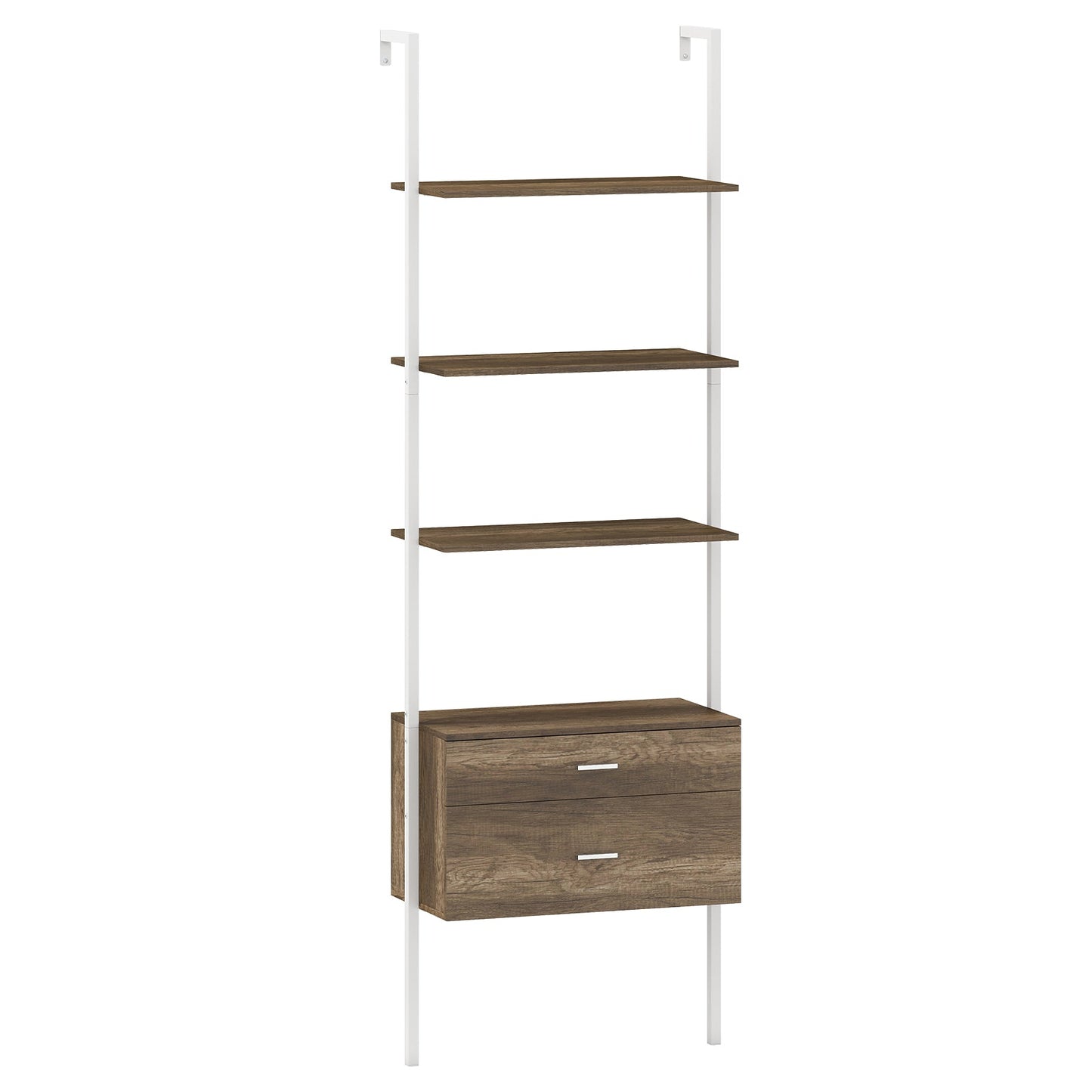 6-Tier Ladder Bookcase with 2 Drawers Wall-Mounted Bookshelf-Grey