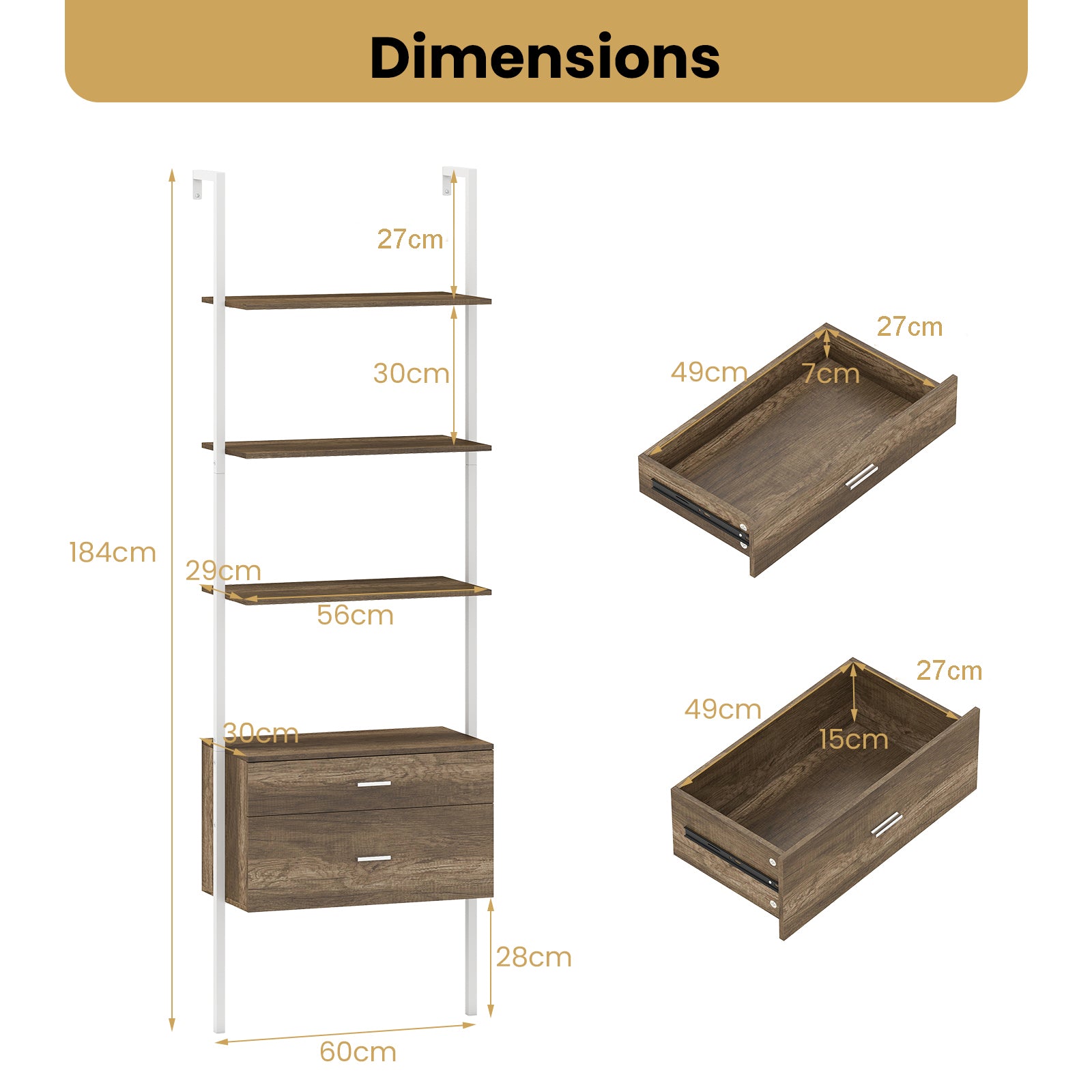 6-Tier Ladder Bookcase with 2 Drawers Wall-Mounted Bookshelf-Grey
