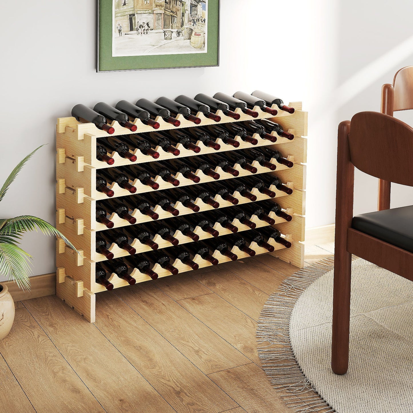 6 Tiers 60 Bottles Wine Rack with Tool-Free Assembly-Natural