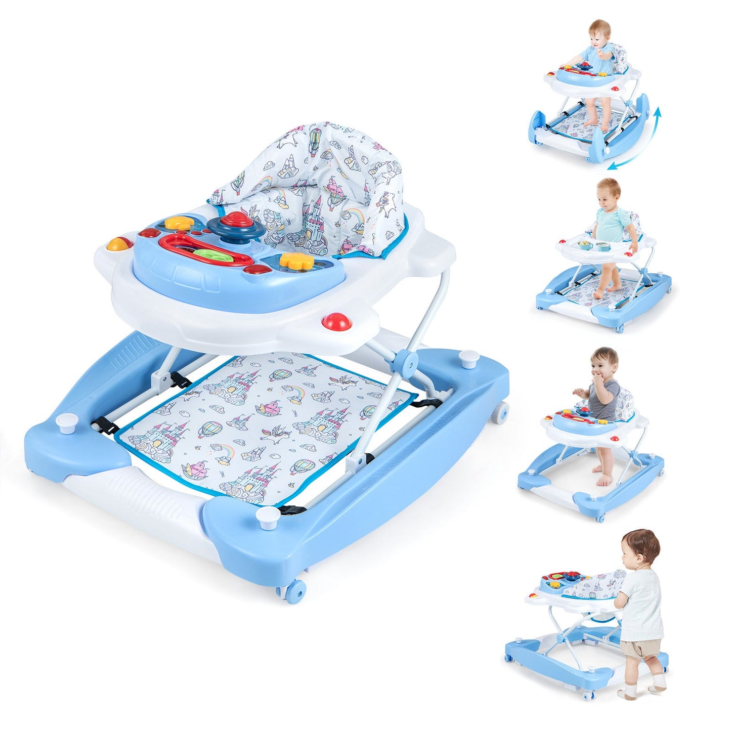 6 in 1 Adjustable Baby Walker Folding Baby Activity Center with Music Lights-Blue