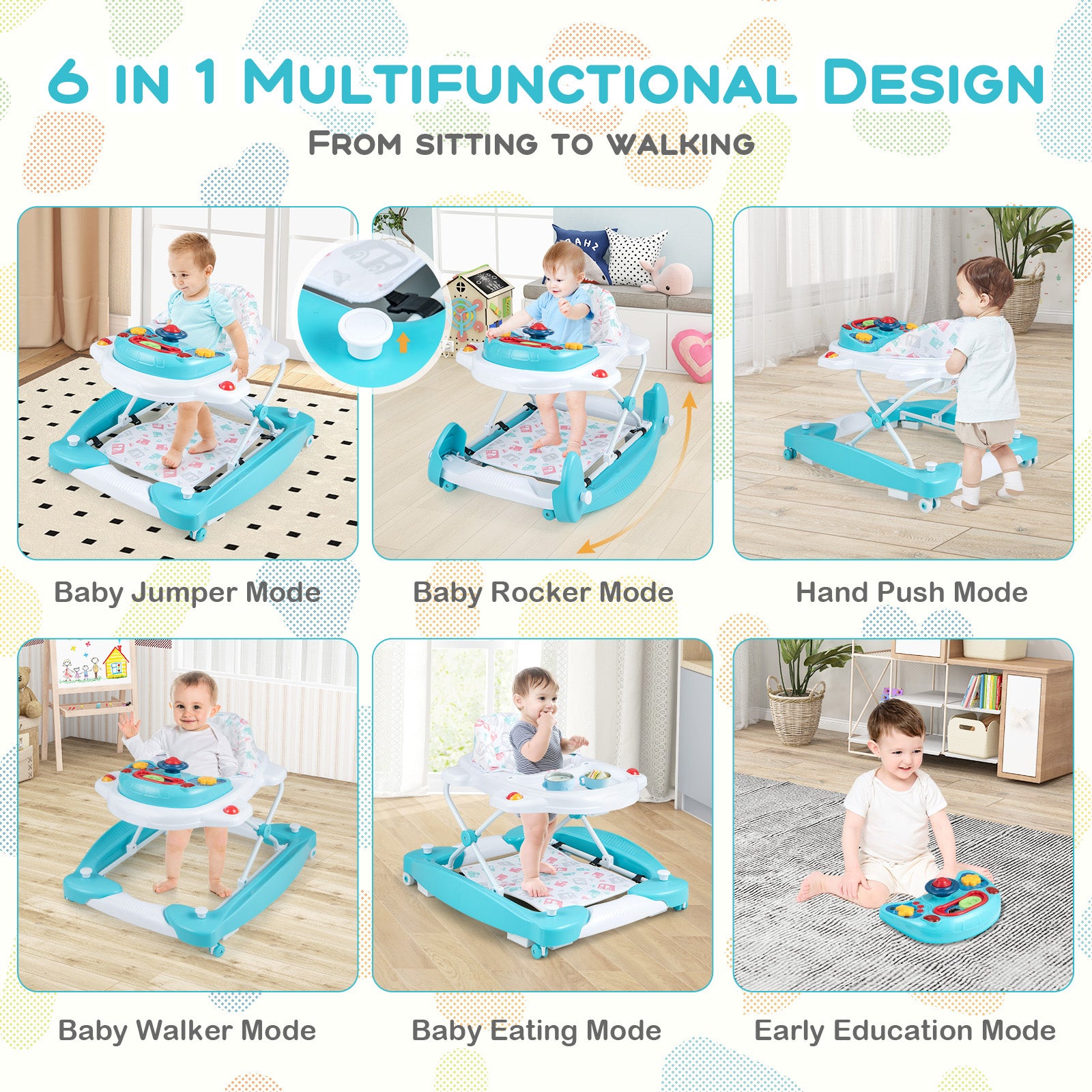 6 in 1 Adjustable Baby Walker Folding Baby Activity Center with Music Lights-Green