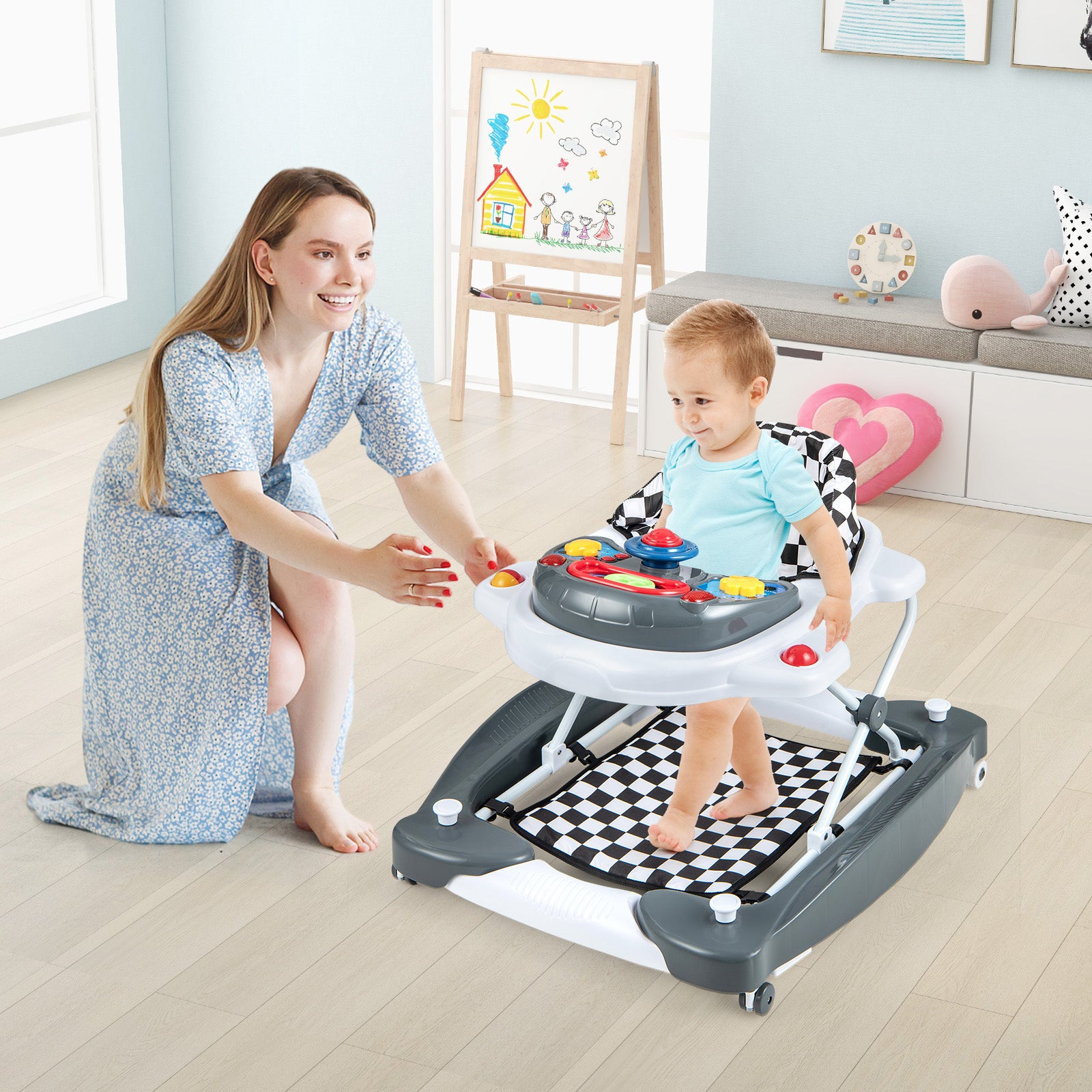 6 in 1 Adjustable Baby Walker Folding Baby Activity Center with Music Lights-Grey
