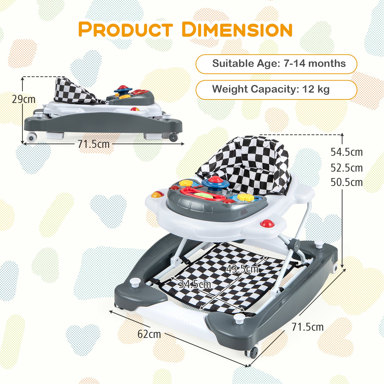 6 in 1 Adjustable Baby Walker Folding Baby Activity Center with Music Lights-Grey