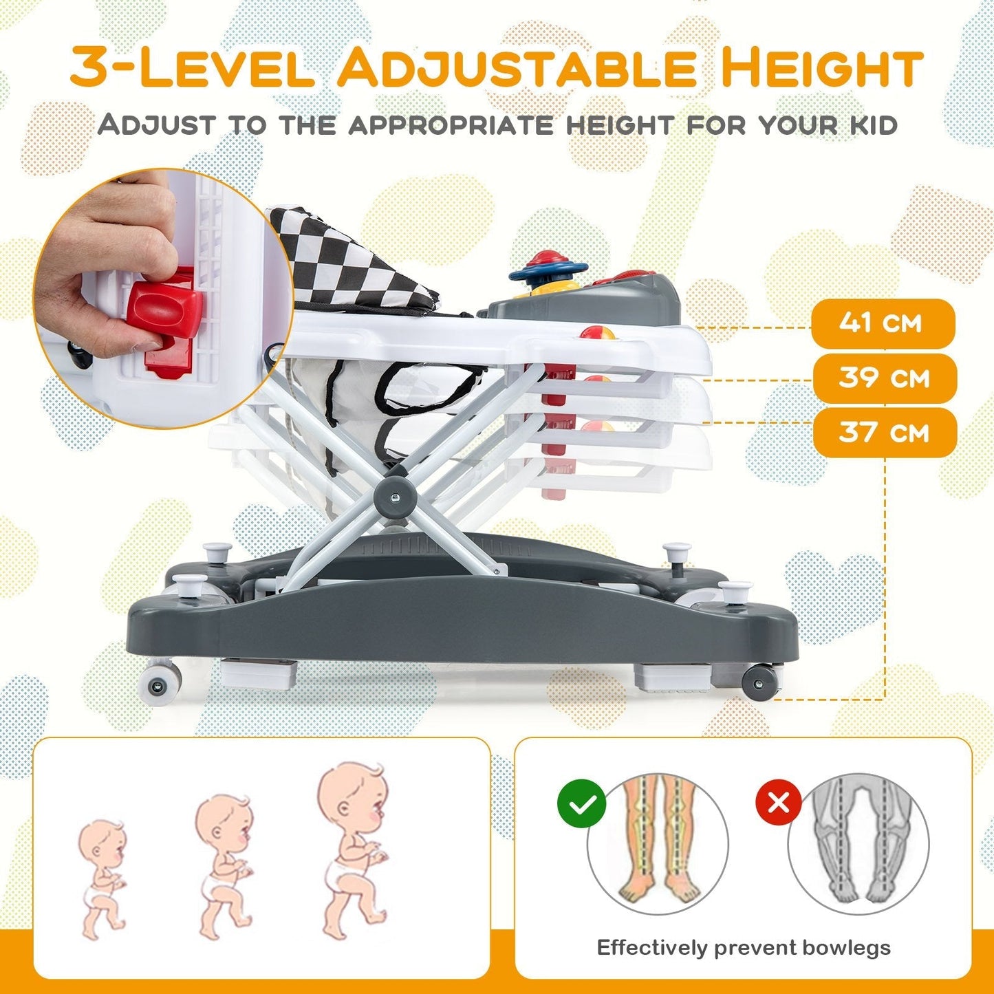 6 in 1 Adjustable Baby Walker Folding Baby Activity Center with Music Lights-Grey
