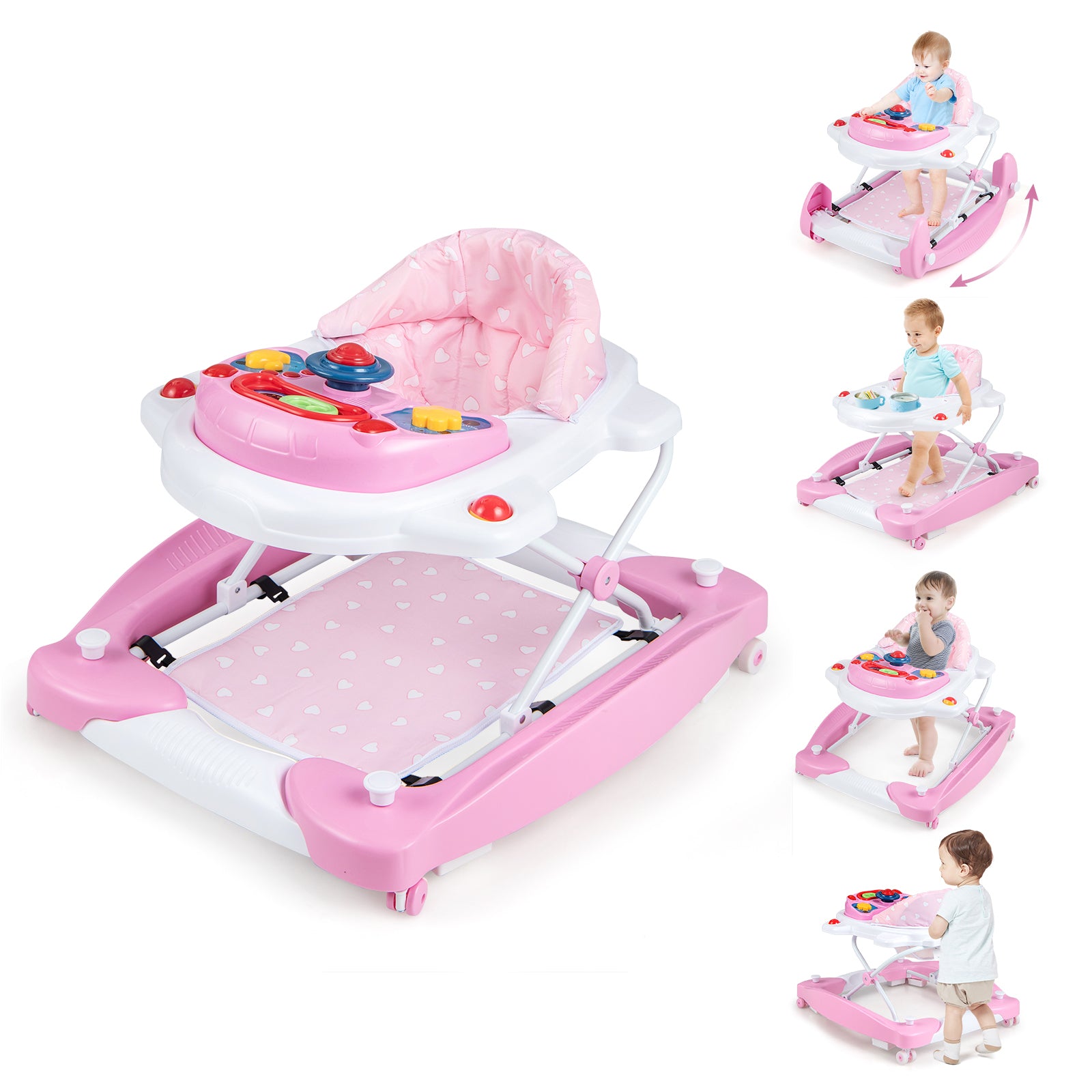 6 in 1 Adjustable Baby Walker Folding Baby Activity Center with Music Lights-Pink