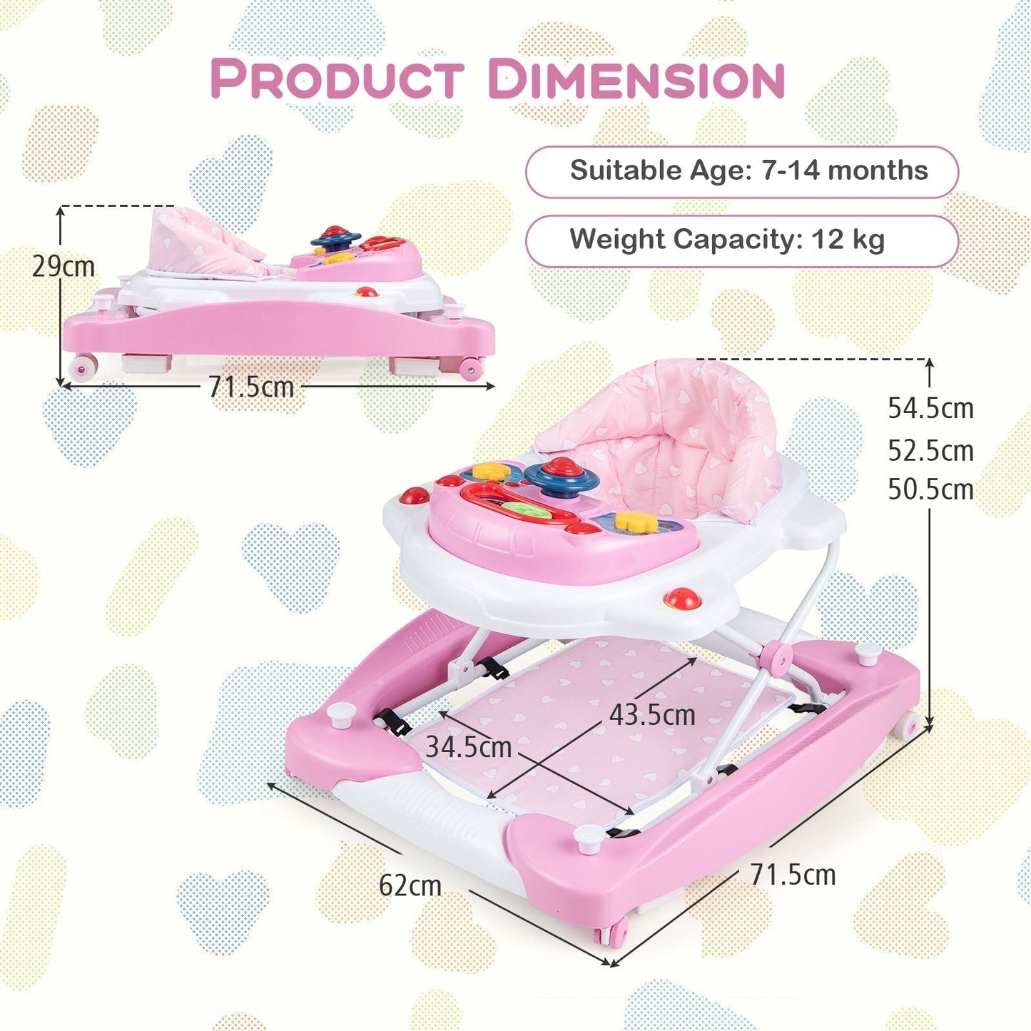 6 in 1 Adjustable Baby Walker Folding Baby Activity Center with Music Lights-Pink