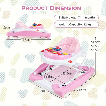 6 in 1 Adjustable Baby Walker Folding Baby Activity Center with Music Lights-Pink