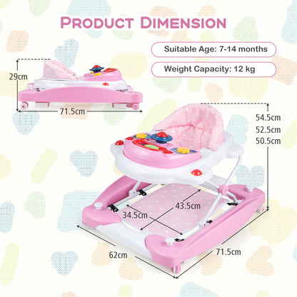6 in 1 Adjustable Baby Walker Folding Baby Activity Center with Music Lights-Pink