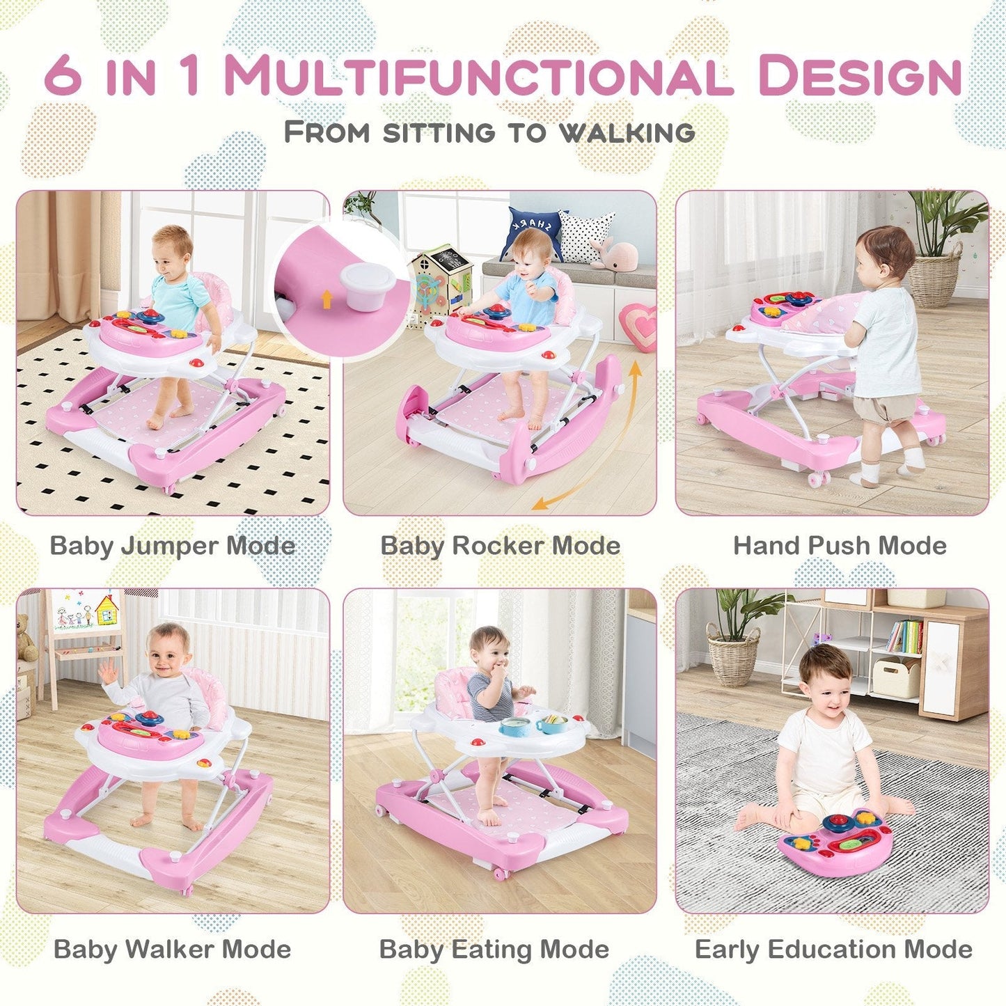 6 in 1 Adjustable Baby Walker Folding Baby Activity Center with Music Lights-Pink