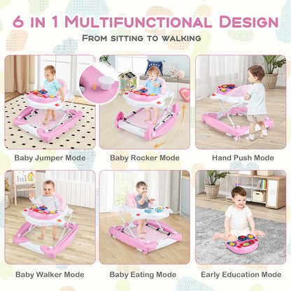 6 in 1 Adjustable Baby Walker Folding Baby Activity Center with Music Lights-Pink