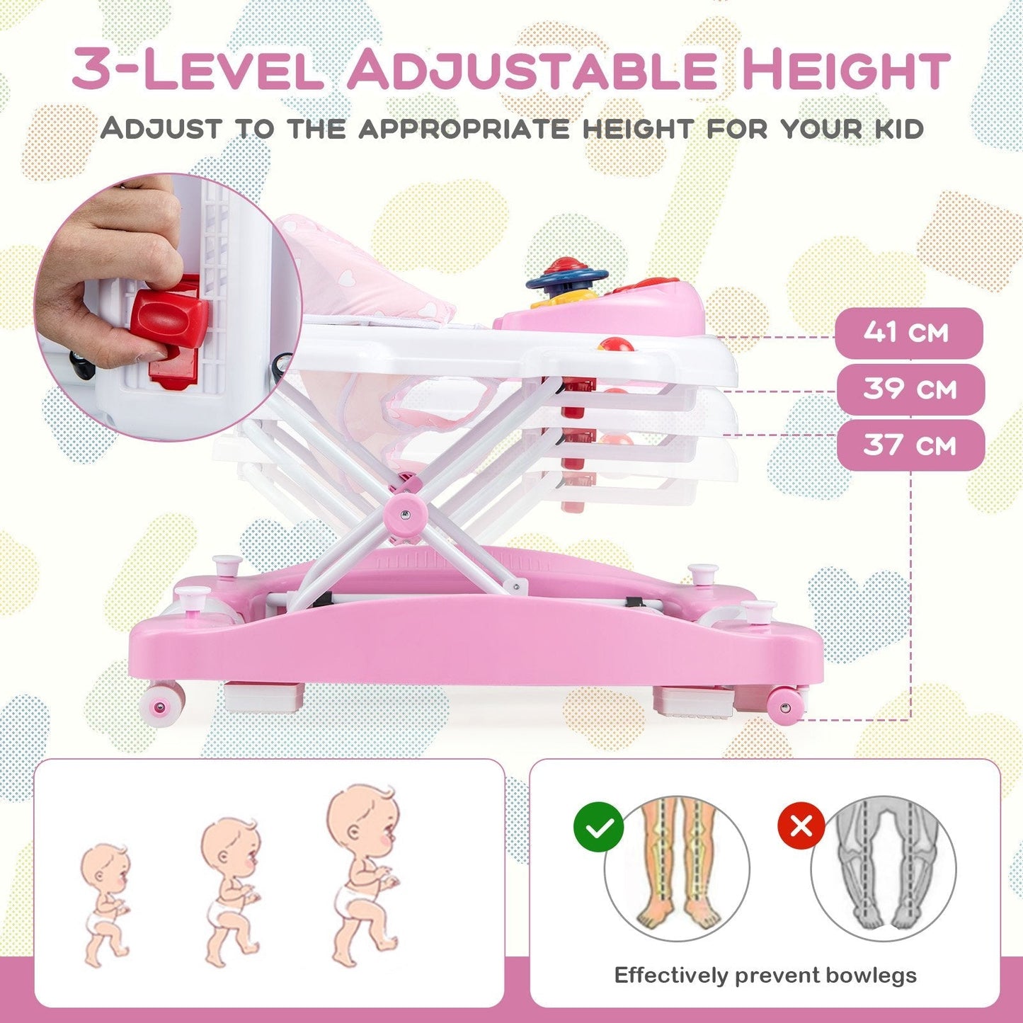 6 in 1 Adjustable Baby Walker Folding Baby Activity Center with Music Lights-Pink