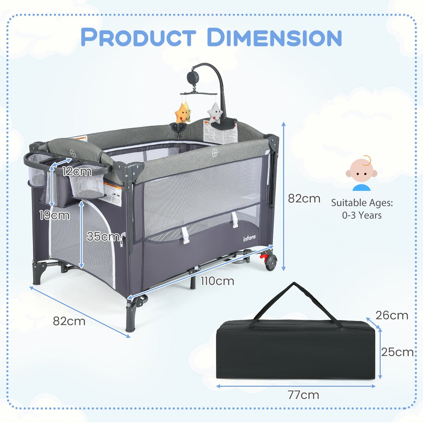 6-in-1 Baby Bed Travel Cot with Changing Table for Baby-Blue