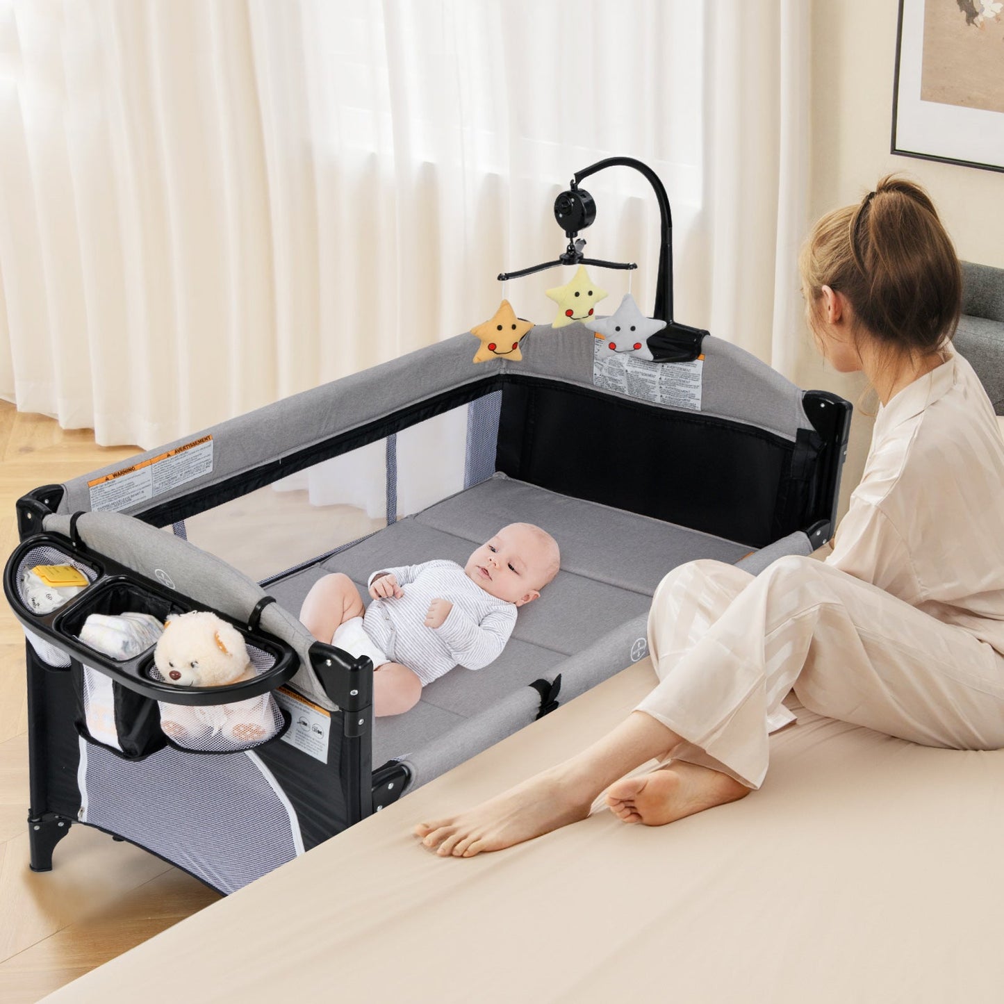 6-in-1 Baby Bed Travel Cot with Changing Table for Baby-Dark Grey