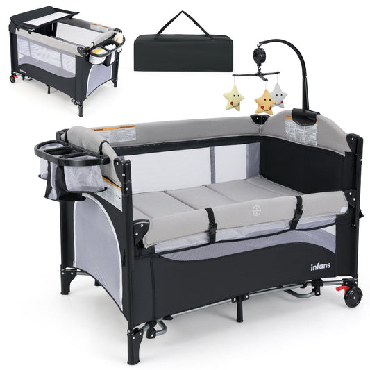 6-in-1 Baby Bed Travel Cot with Changing Table for Baby-Dark Grey