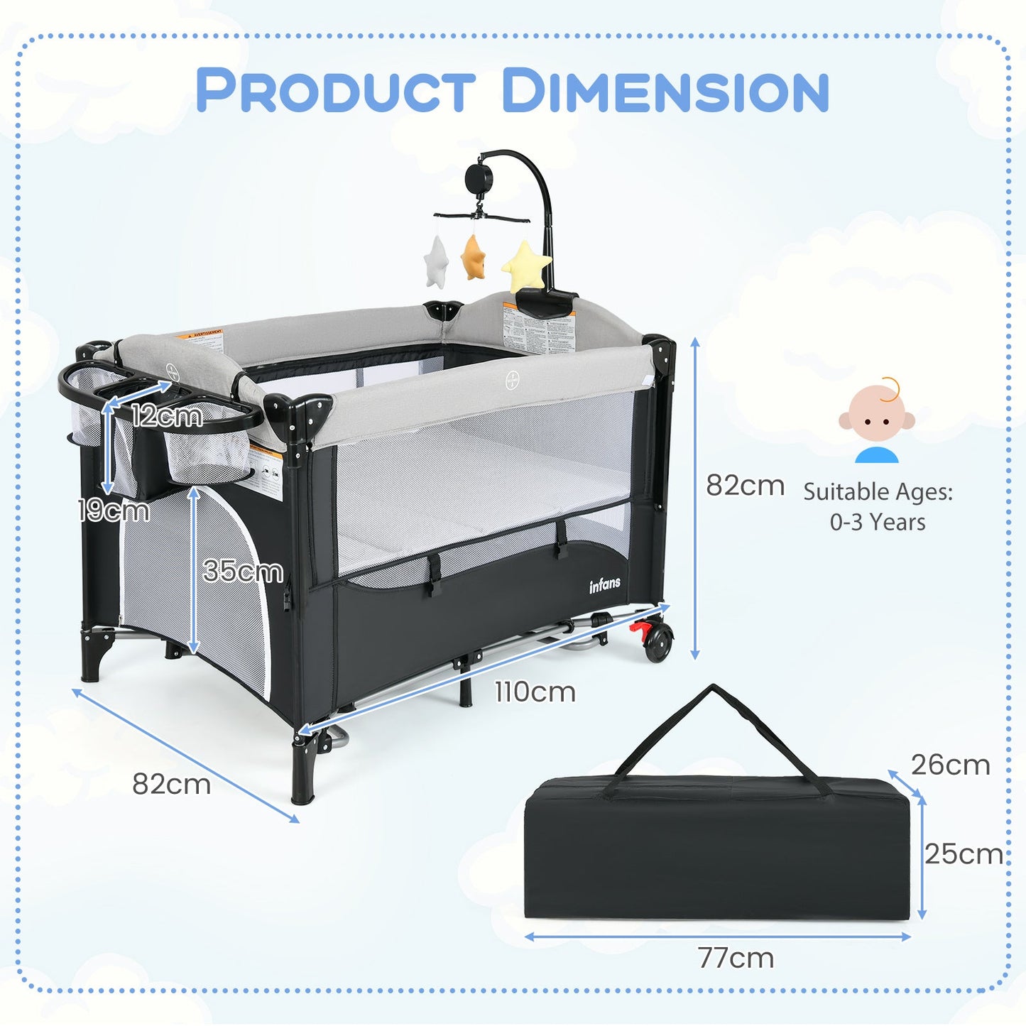 6-in-1 Baby Bed Travel Cot with Changing Table for Baby-Dark Grey