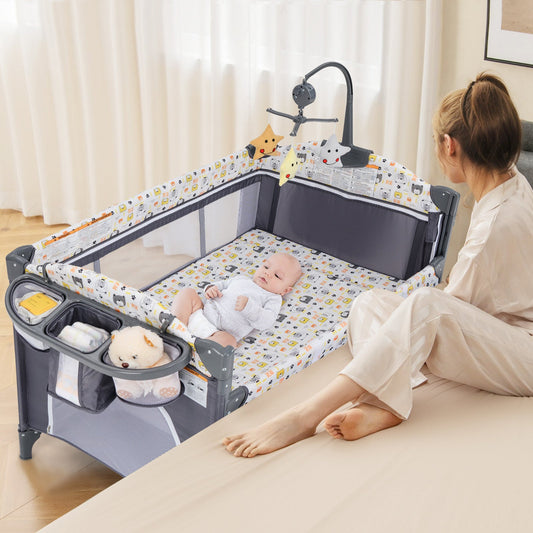 6-in-1 Baby Bed Travel Cot with Changing Table for Baby-Grey
