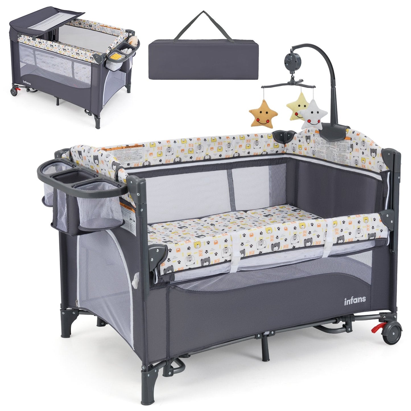 6-in-1 Baby Bed Travel Cot with Changing Table for Baby-Grey