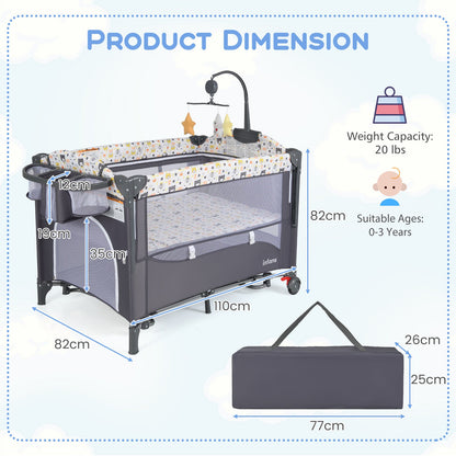 6-in-1 Baby Bed Travel Cot with Changing Table for Baby-Grey