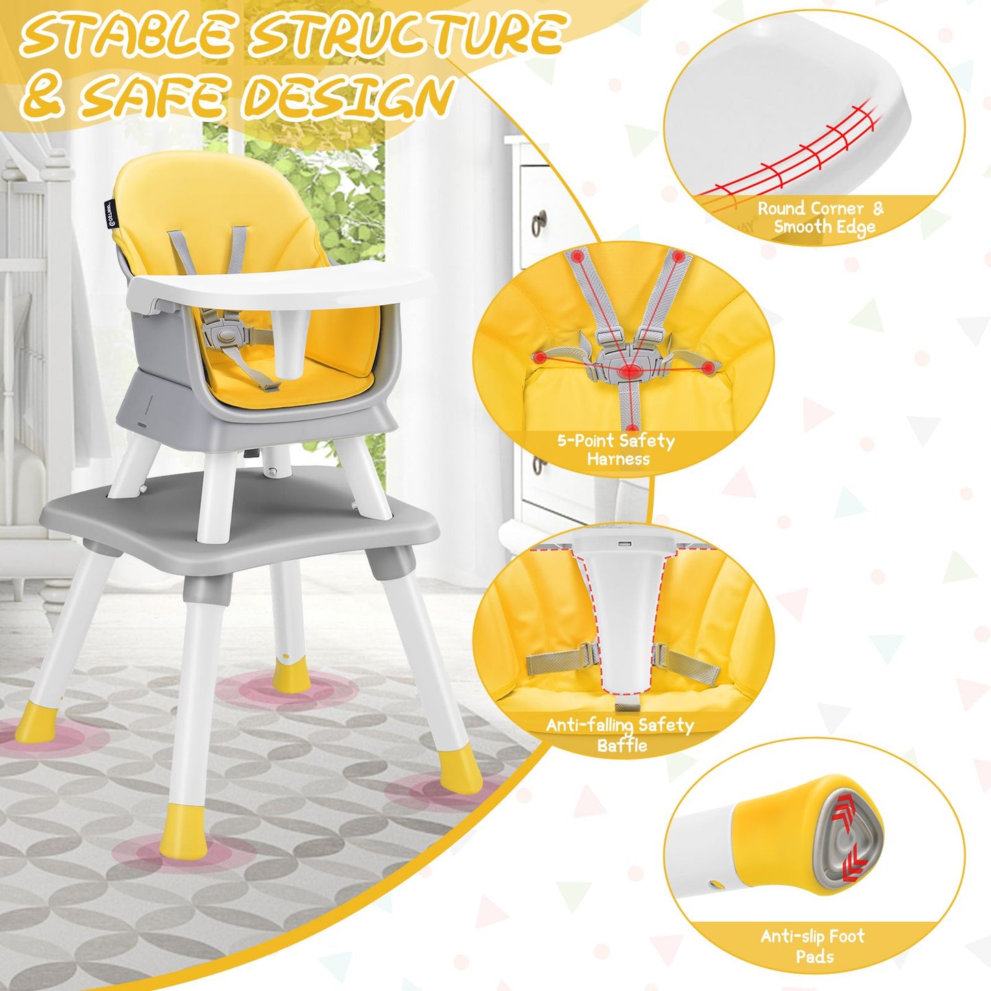 6-in-1 Baby High Chair with 5-Point Harness and Removable Tray-Yellow