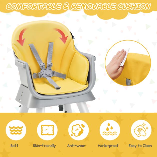 6-in-1 Baby High Chair with 5-Point Harness and Removable Tray-Yellow