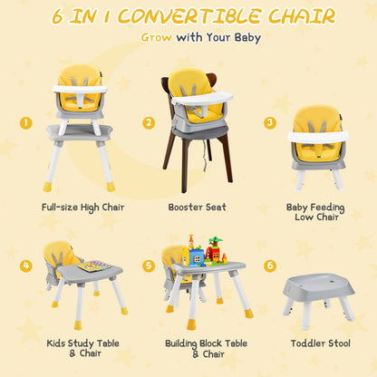 6-in-1 Baby High Chair with 5-Point Harness and Removable Tray-Yellow
