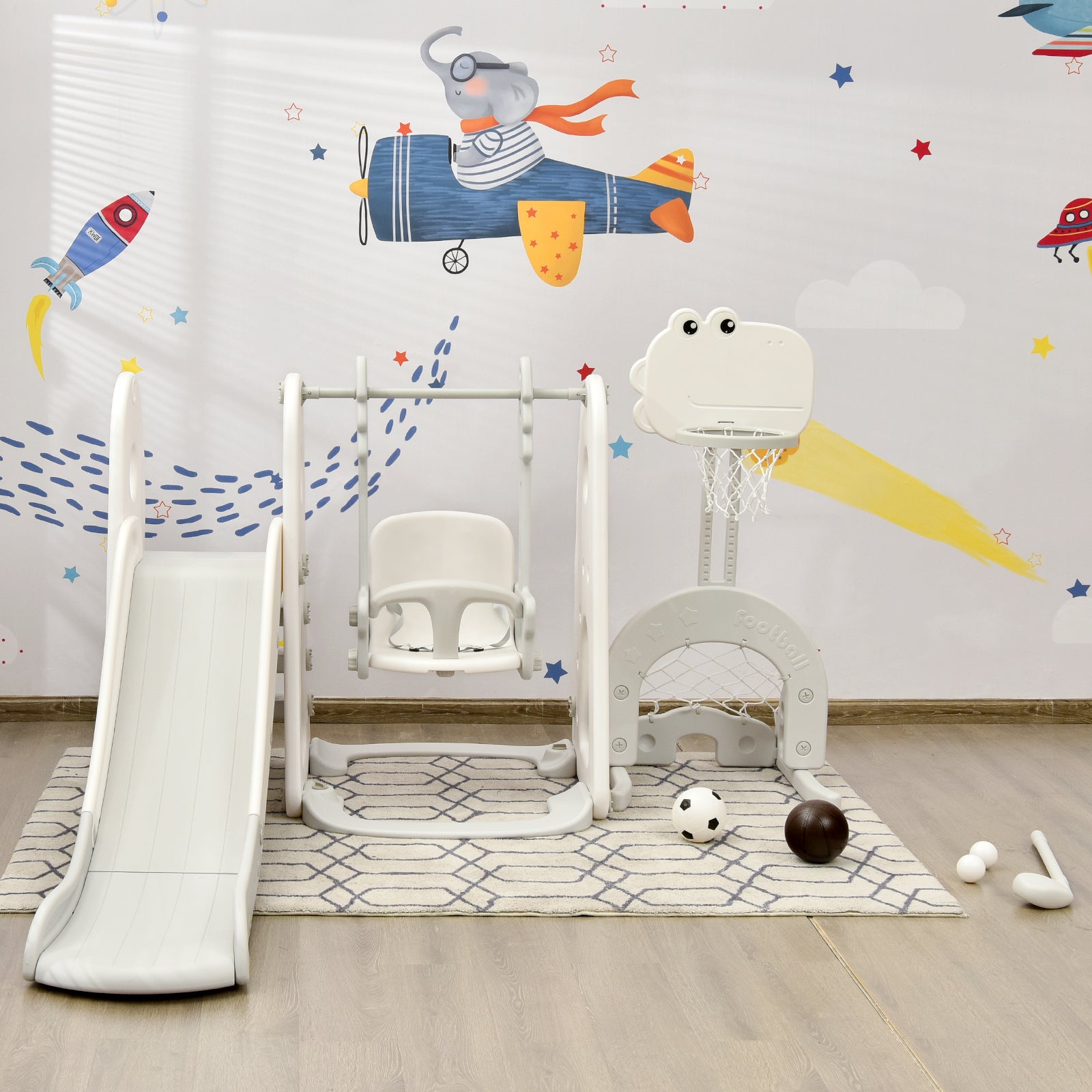 6 in 1 Toddler Slide and Swing Set with Adjustable Basketball Hoop for Indoor-Grey