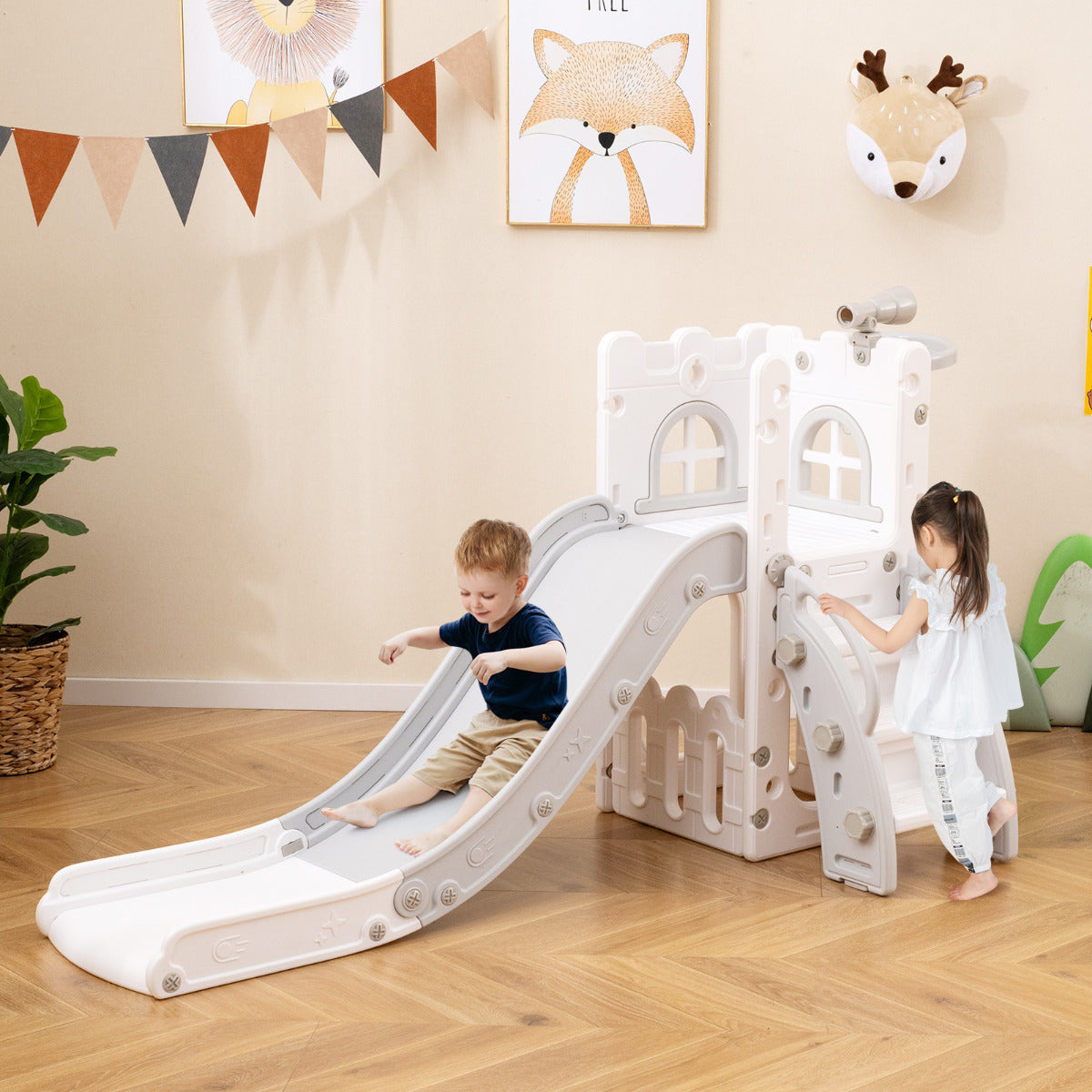 6 in 1 L-shaped Toddle Slide with Basketball Hoop and Telescope-Grey
