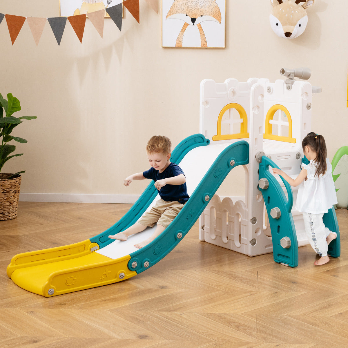 6 in 1 L-shaped Toddle Slide with Basketball Hoop and Telescope-Yellow