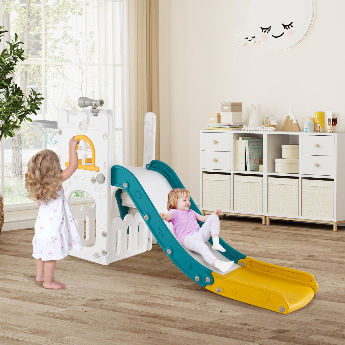 6 in 1 L-shaped Toddle Slide with Basketball Hoop and Telescope-Yellow