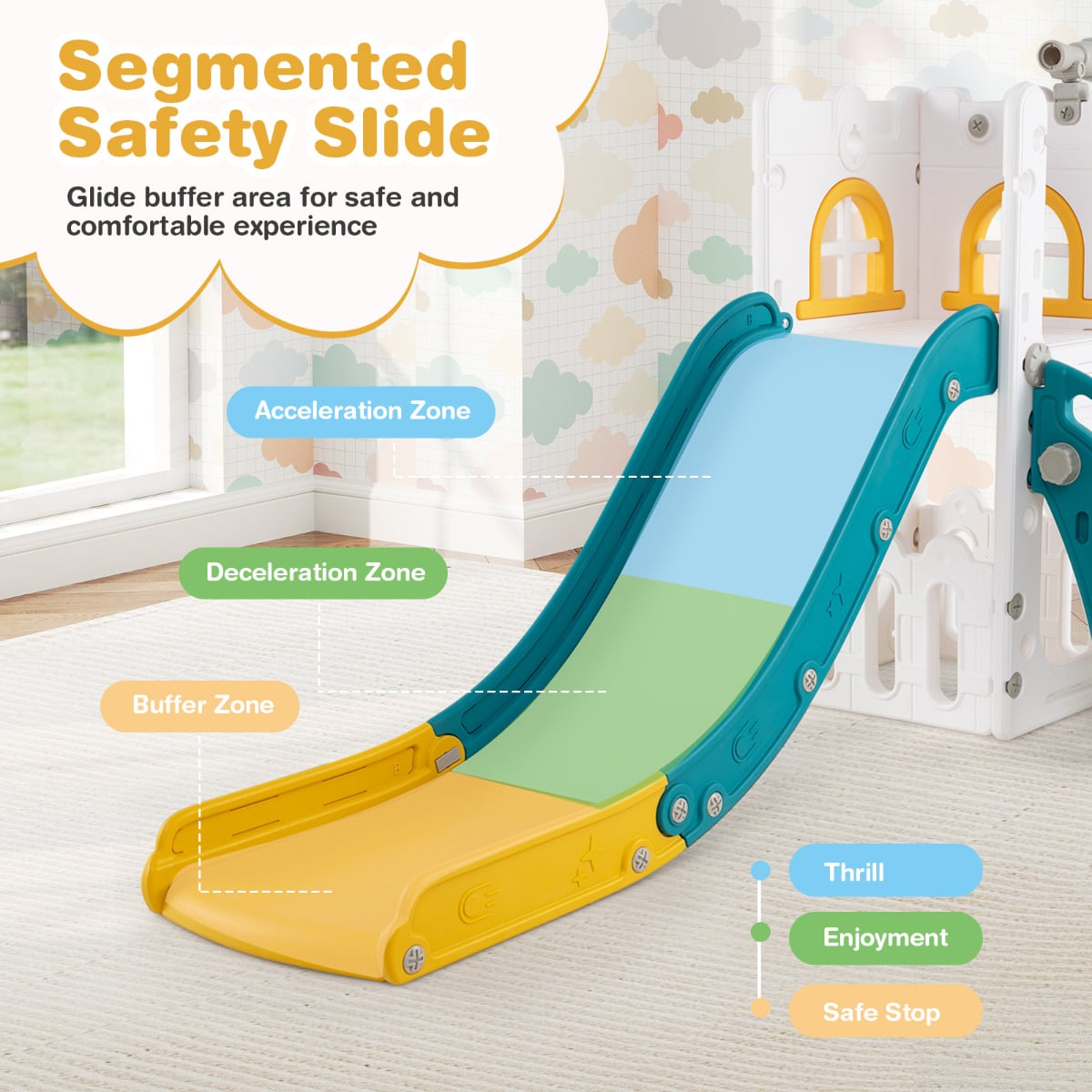 6 in 1 L-shaped Toddle Slide with Basketball Hoop and Telescope-Yellow