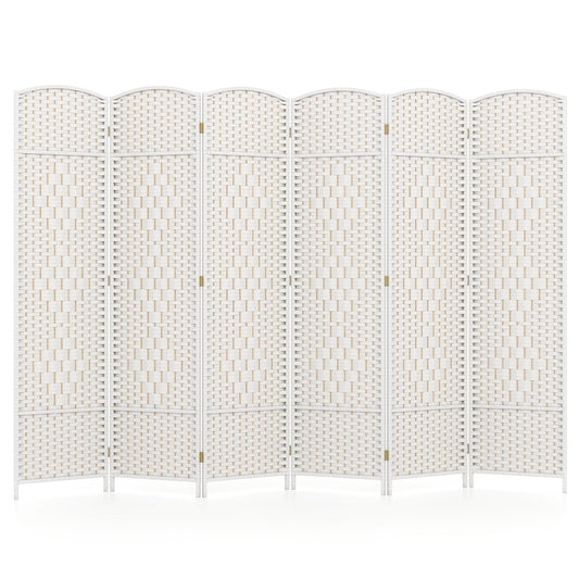 6 Panel Folding Room Divider with Hand-Woven Wicker for Home Office-White