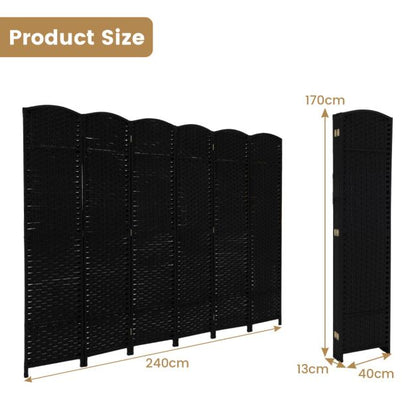 6-Panel Room Divider Folding Privacy Screen with Hand-woven Texture-Black