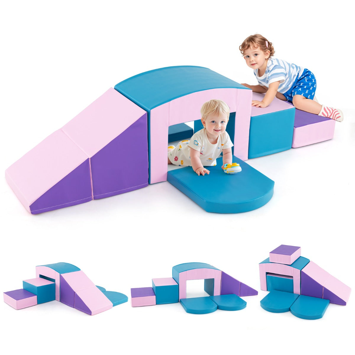6 PCS Foam Climbing Blocks with Tunnel Stairs and Ramp for 12 Months+-Multicolour