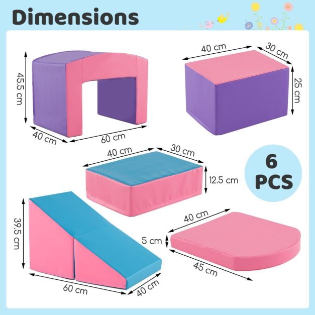 6 pcs. foam building blocks soft building blocks with tunnel stairs &amp; ramp purple+pink