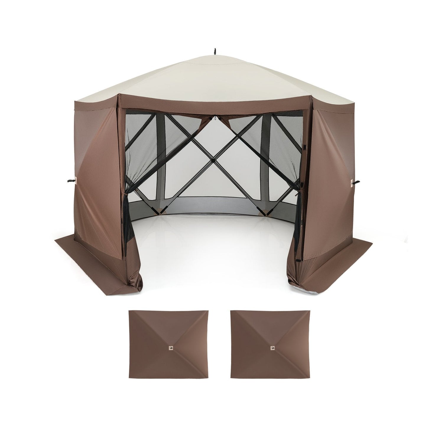 6-sided Pop-up Gazebo Tent Instant Setup Screen House Hub Tent-Coffee