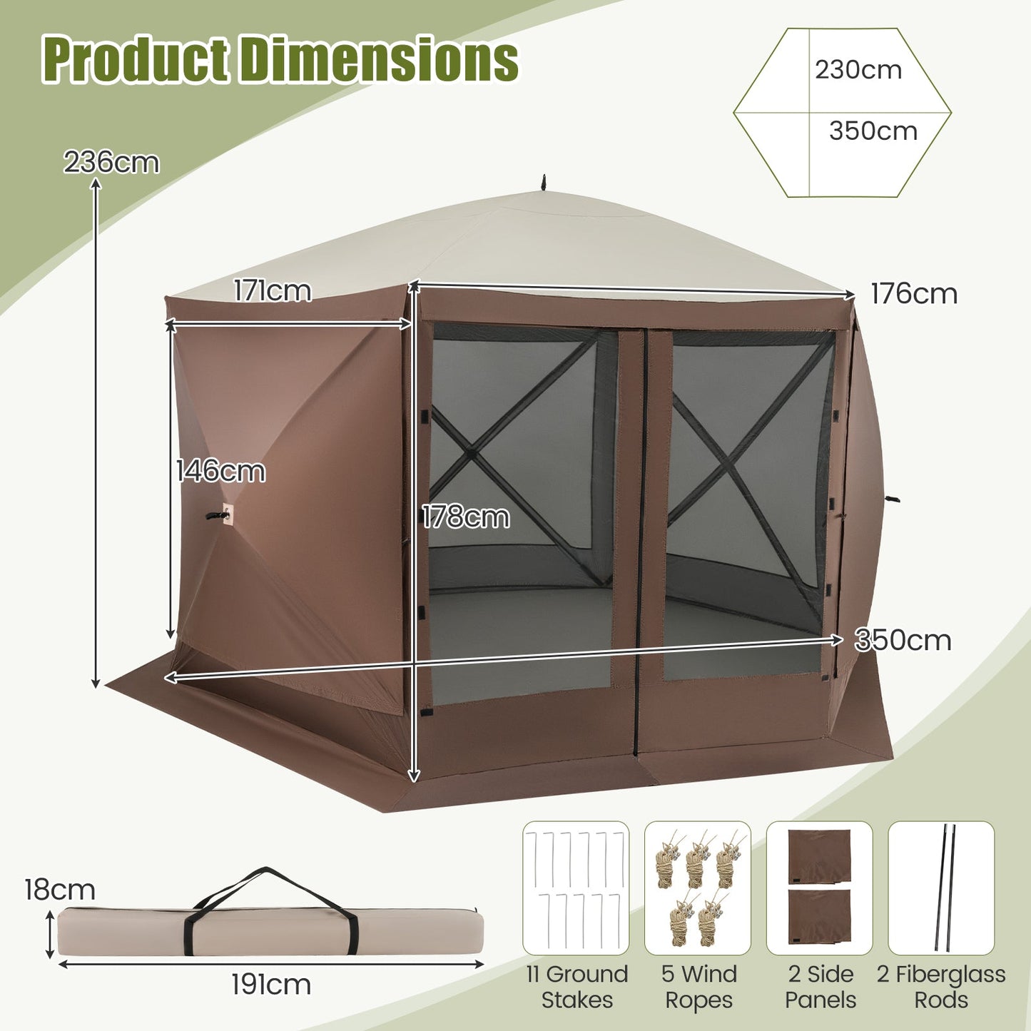 6-sided Pop-up Gazebo Tent Instant Setup Screen House Hub Tent-Coffee