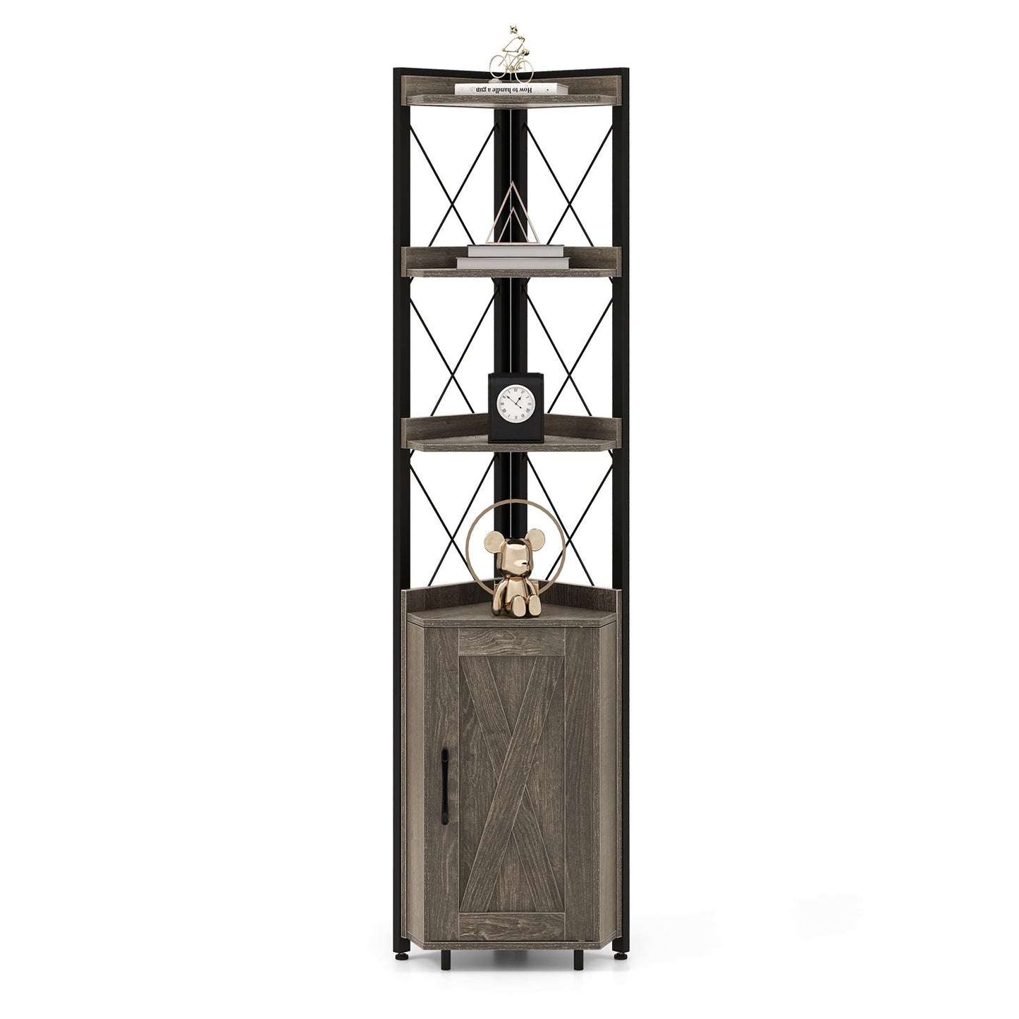180cm Tall Corner Bookshelf with 5-position Adjustable Shelf and Door-Grey