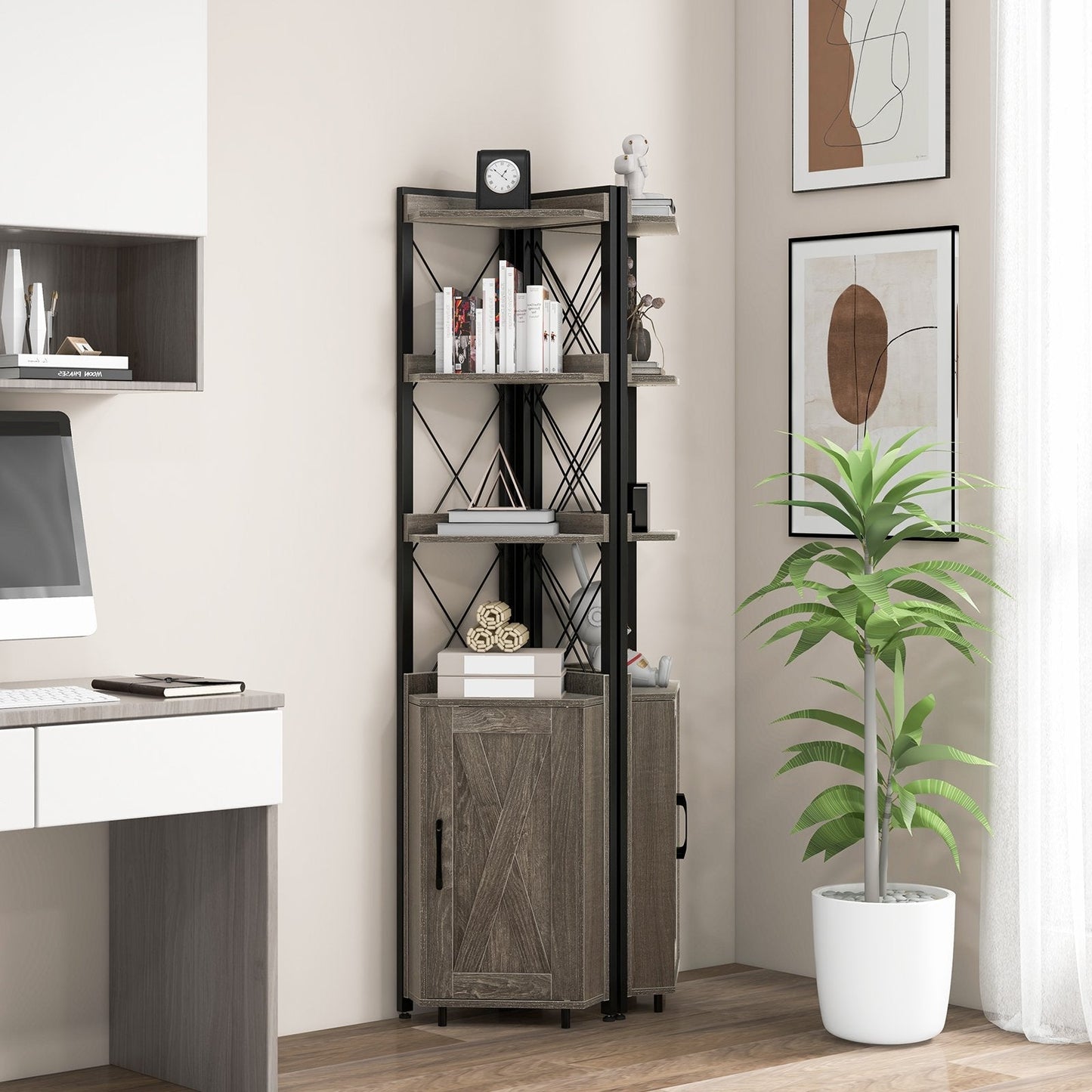 180cm Tall Corner Bookshelf with 5-position Adjustable Shelf and Door-Grey