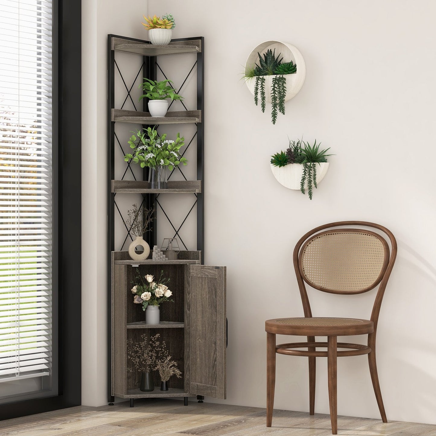 180cm Tall Corner Bookshelf with 5-position Adjustable Shelf and Door-Grey