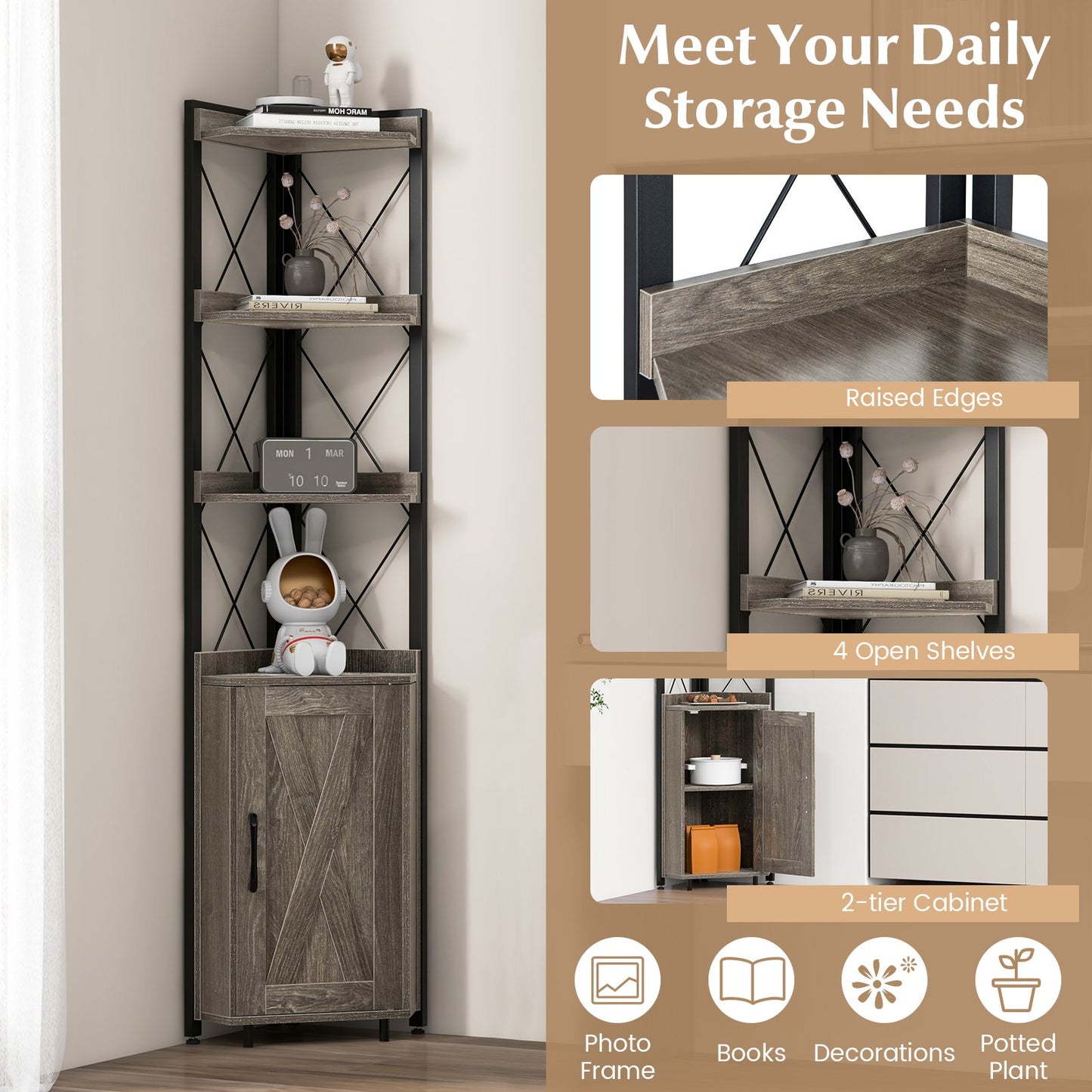 180cm Tall Corner Bookshelf with 5-position Adjustable Shelf and Door-Grey
