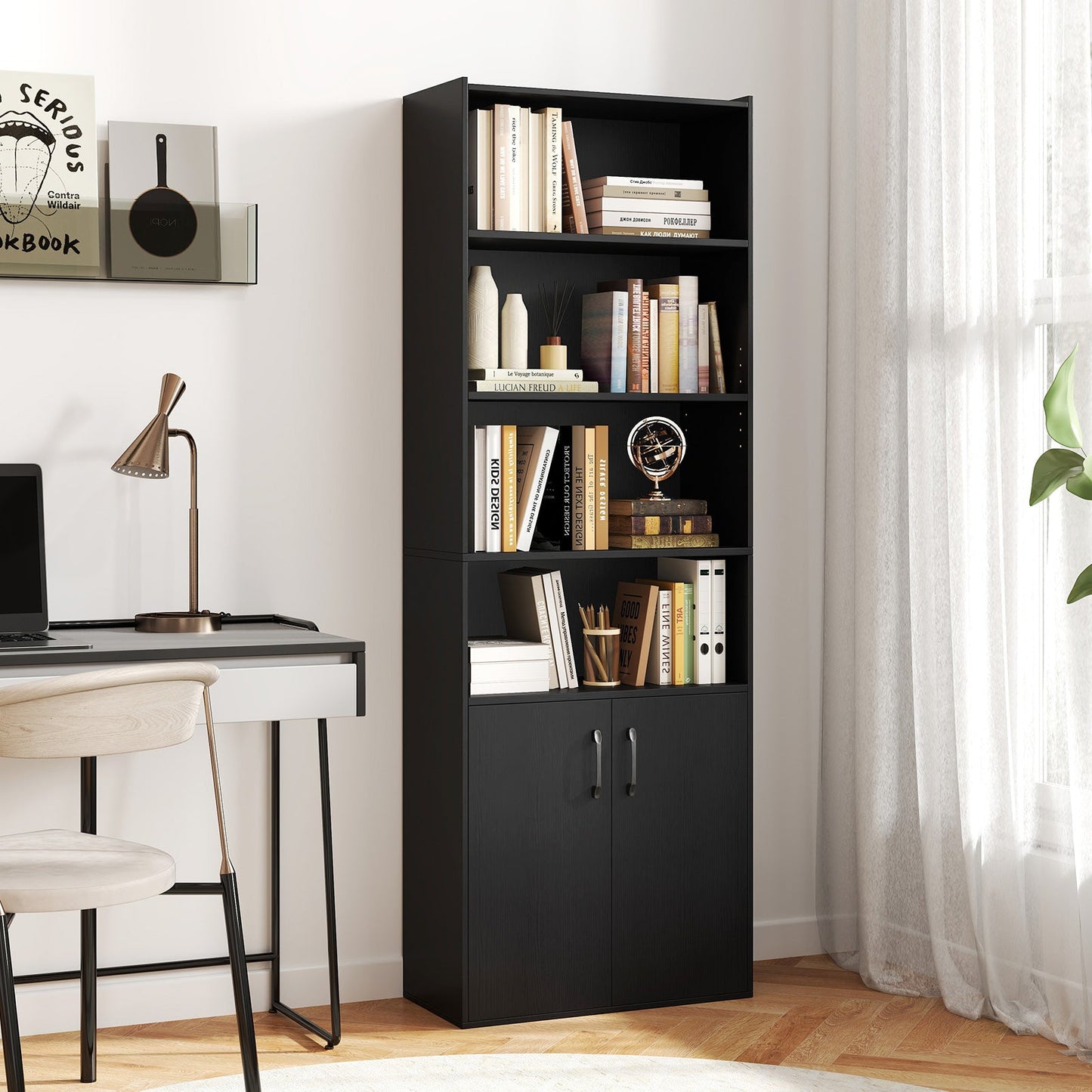 6-tier Modern Style Bookcase with Adjustable Shelves-Black