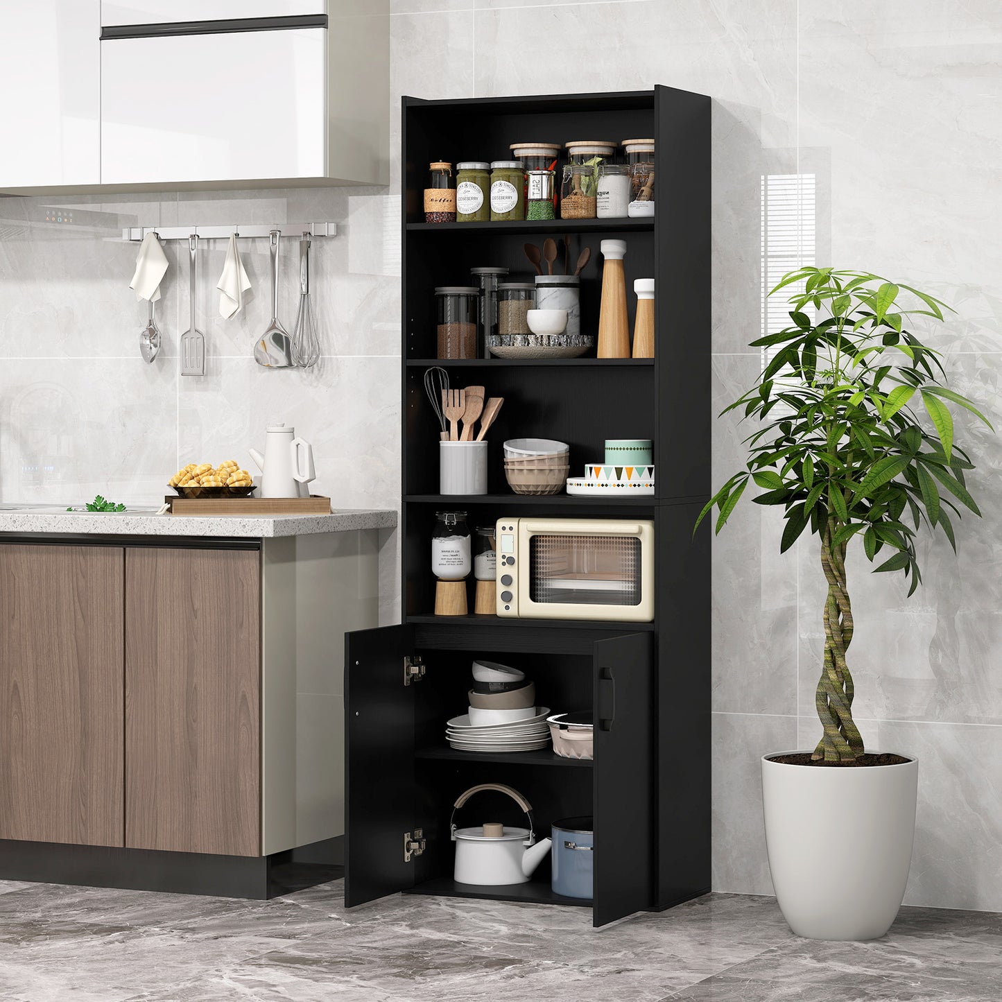 6-tier Modern Style Bookcase with Adjustable Shelves-Black