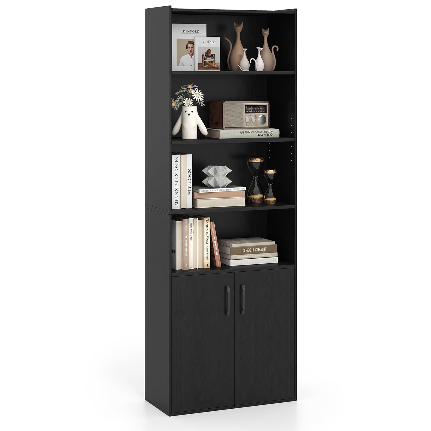 6-tier Modern Style Bookcase with Adjustable Shelves-Black