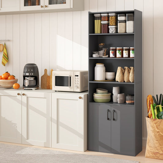 6-tier Modern Style Bookcase with Adjustable Shelves-Grey