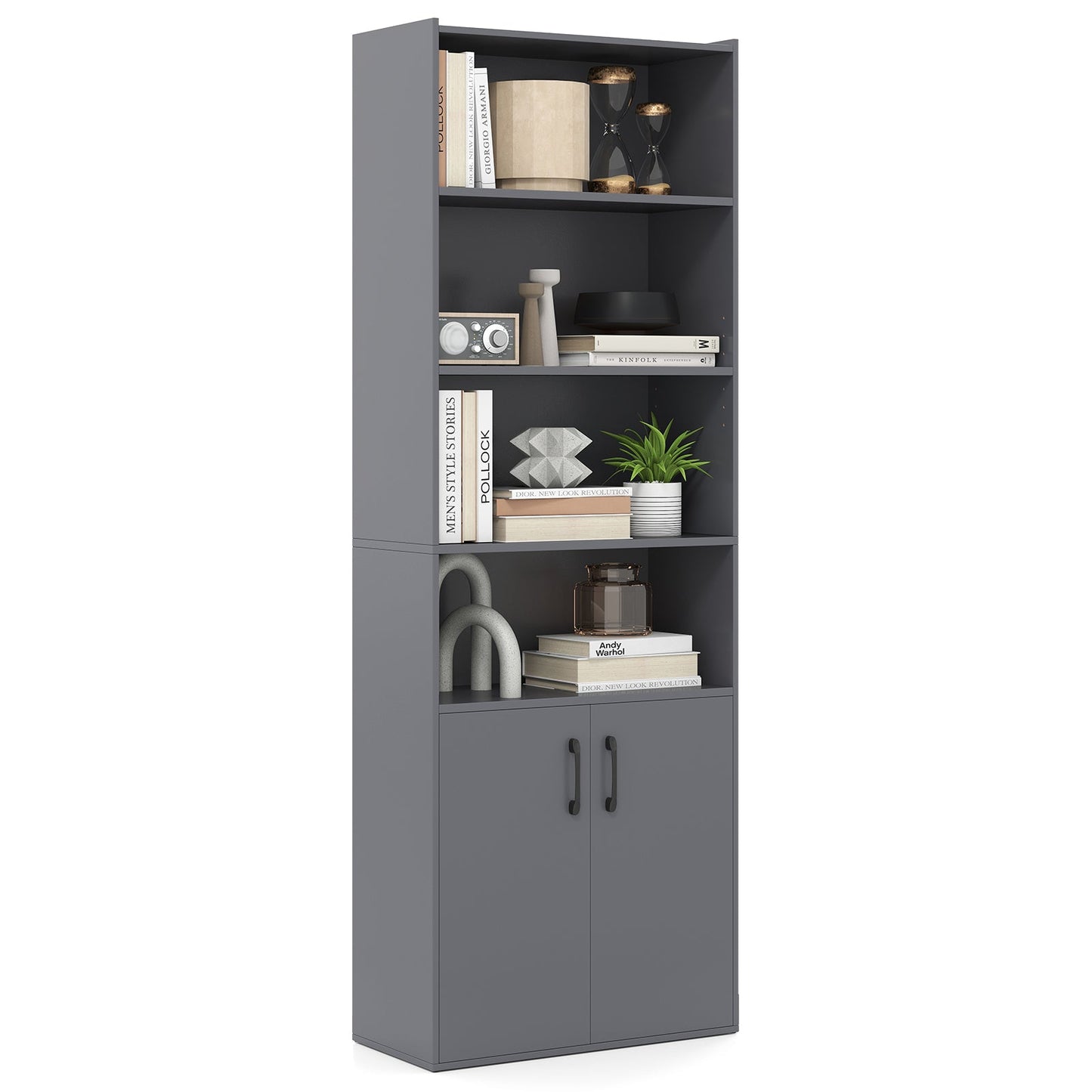 6-tier Modern Style Bookcase with Adjustable Shelves-Grey