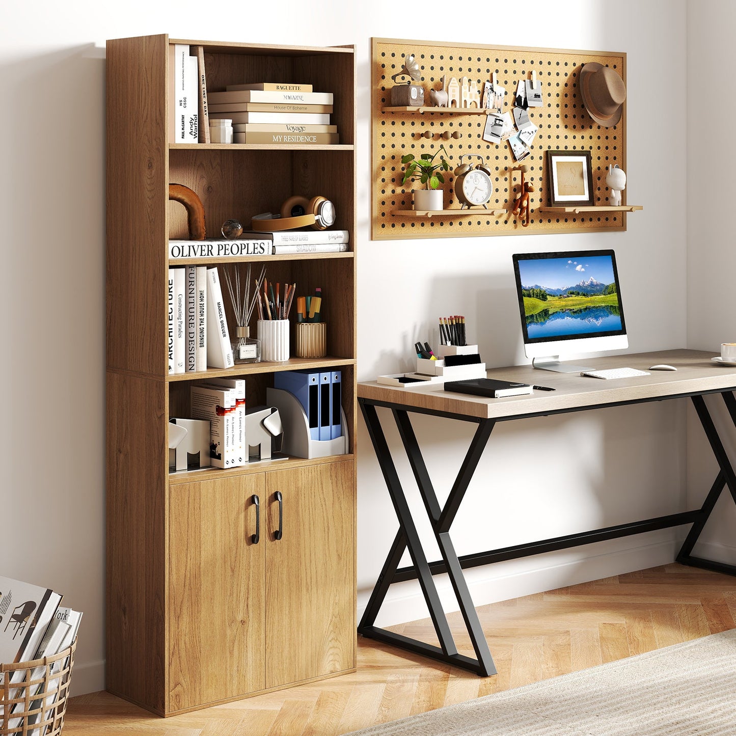 6-tier Modern Style Bookcase with Adjustable Shelves-Natural