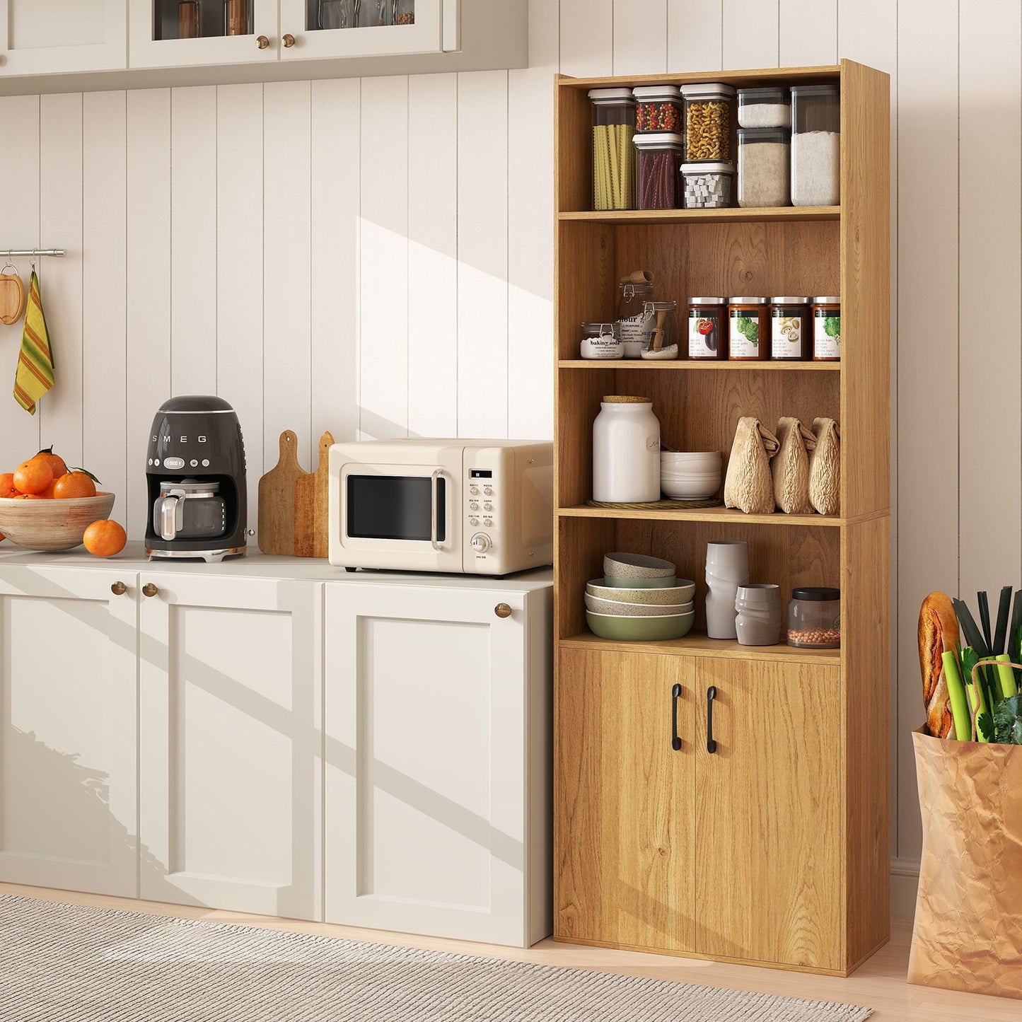 6-tier Modern Style Bookcase with Adjustable Shelves-Natural