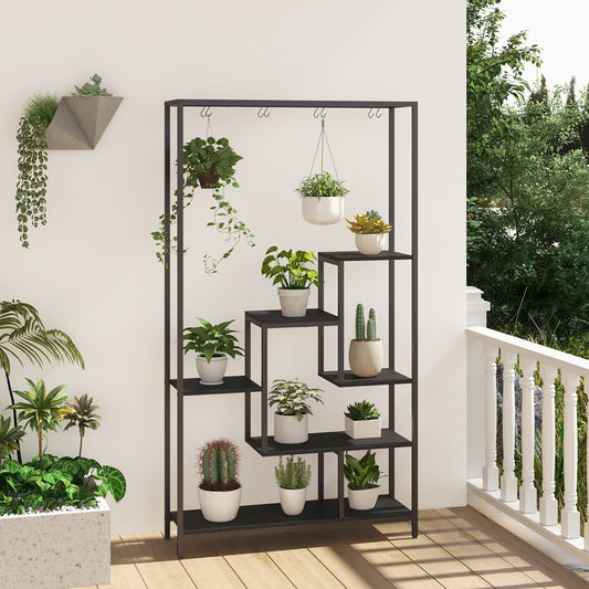 6-tier Tall Plant Stand with 10 Hanging Hooks and Wire Shelf for Multiple Plants-Black