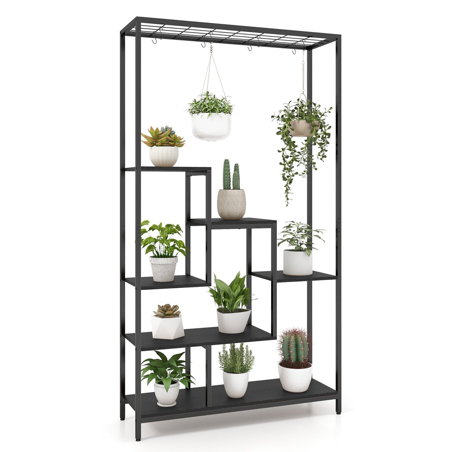 6-tier Tall Plant Stand with 10 Hanging Hooks and Wire Shelf for Multiple Plants-Black