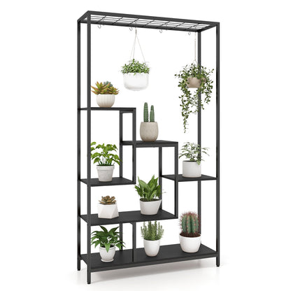 6-tier Tall Plant Stand with 10 Hanging Hooks and Wire Shelf for Multiple Plants-Black